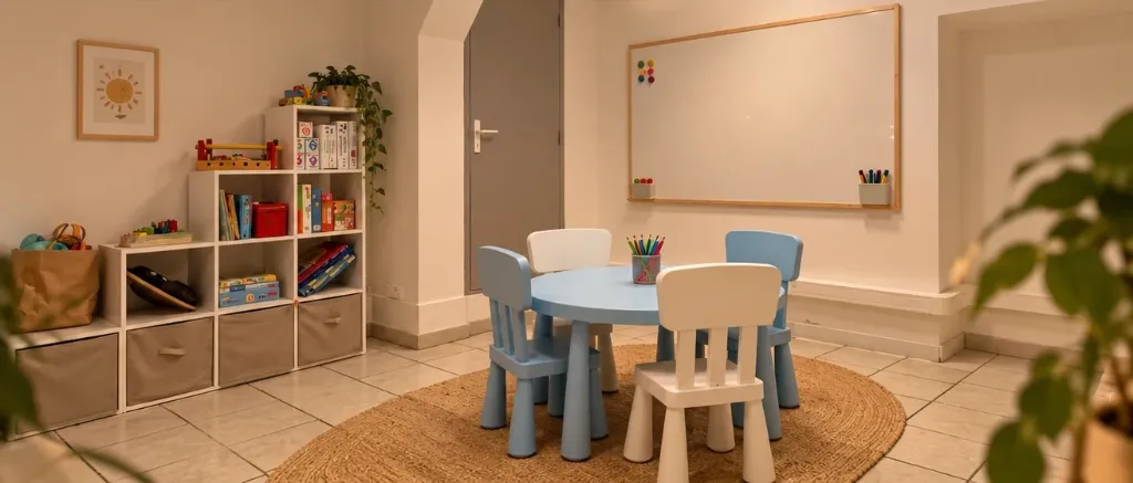 Le coin des enfants : une petite table ronde et ses chaises, un tableau blanc et des étagères de jeux