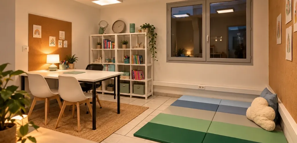 La salle du cabinet : une table de travail avec ses chaises, des étagères de jeux et de livres, et un espace de motricité avec des tapis